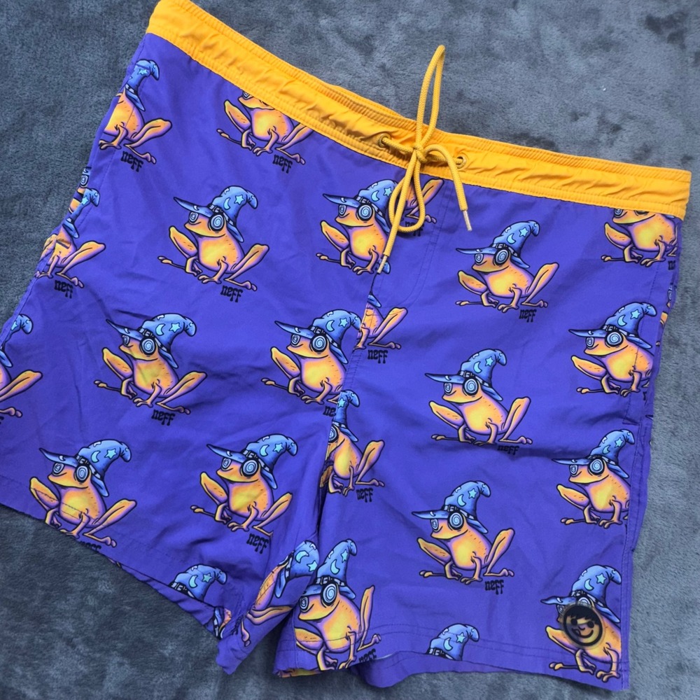 Neff Swim Trunks Frog Wizard Print Purple Orange Drawstring Mens Size‎ M